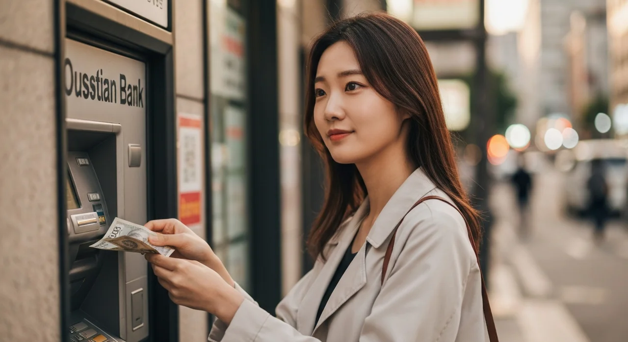 해외 ATM에서 현지 화폐를 인출하는 여행자