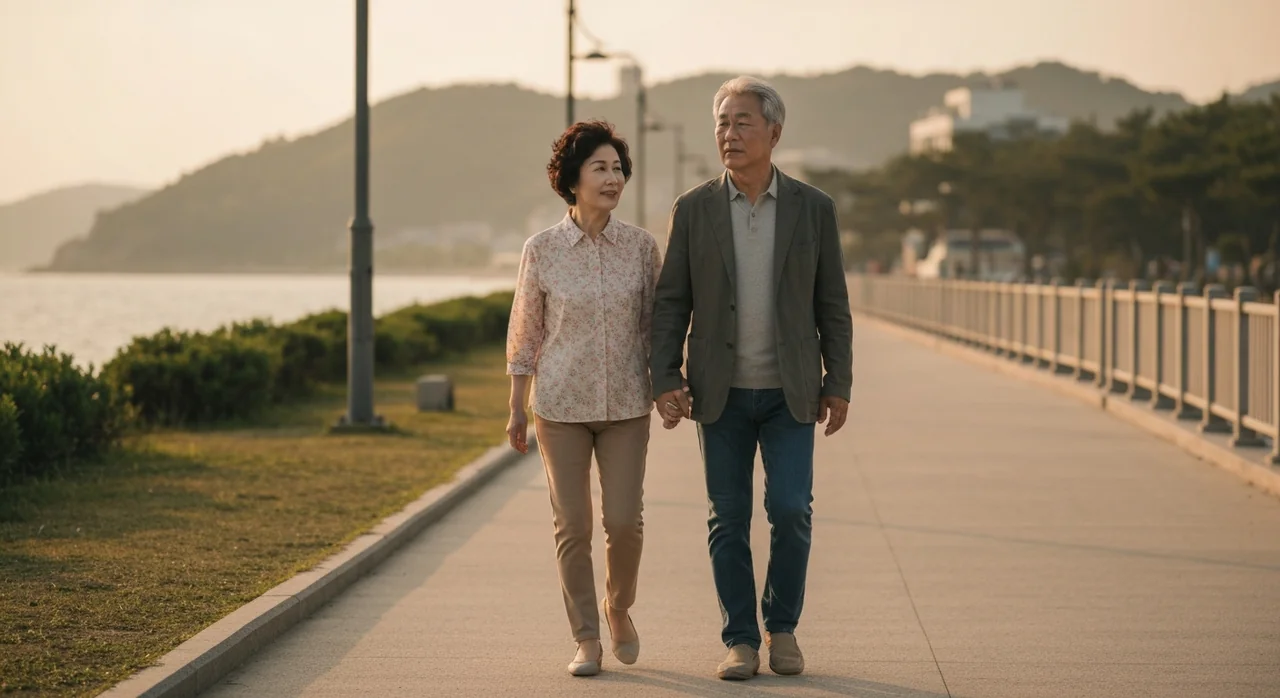 바닷가를 산책하는 은퇴 부부