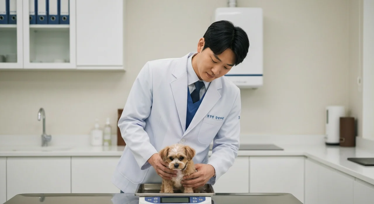 동물병원에서 강아지 체중을 재는 모습