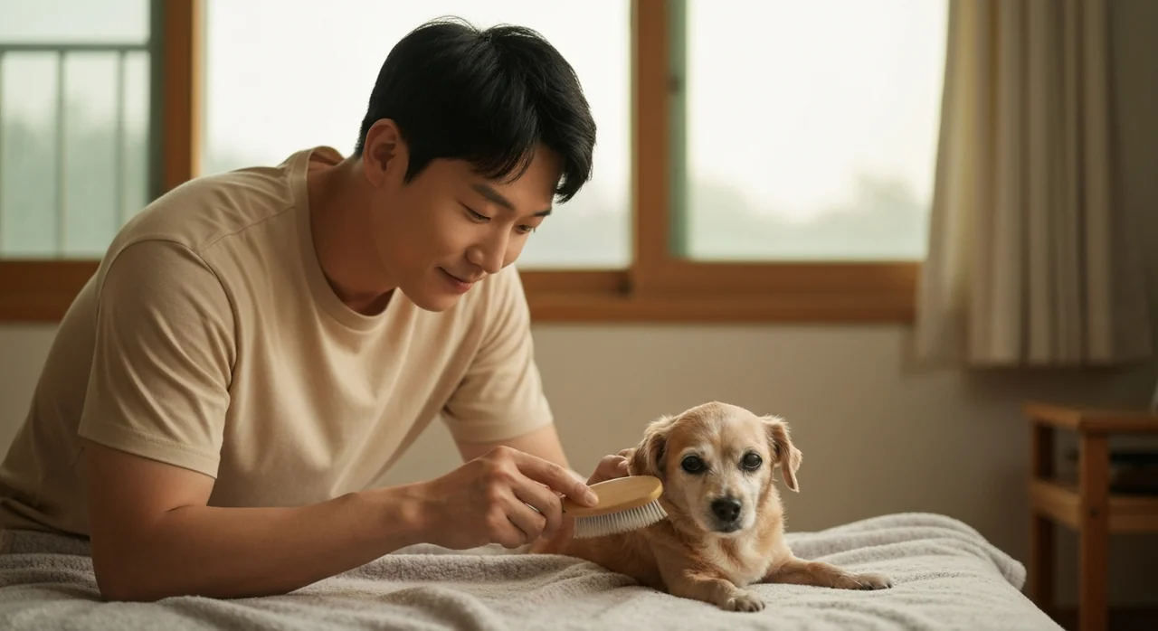 노령견을 정성껏 돌보는 보호자