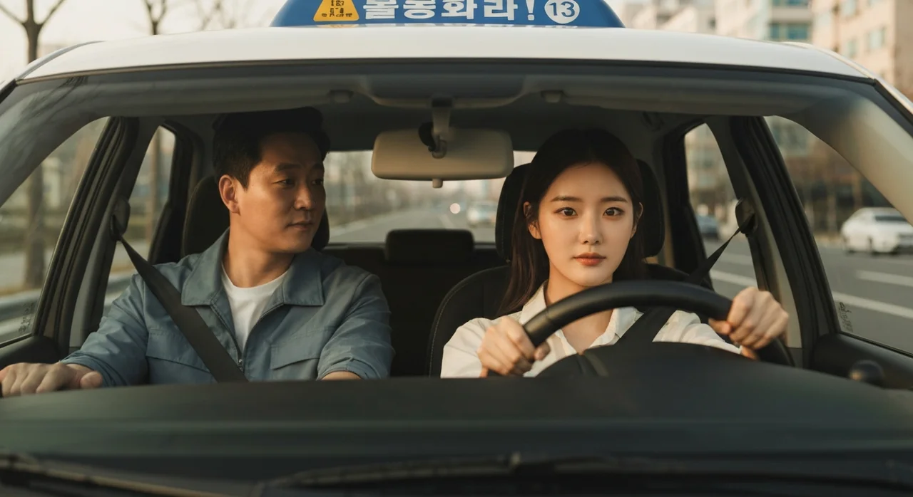 도로주행 시험 중인 수험생과 감독관