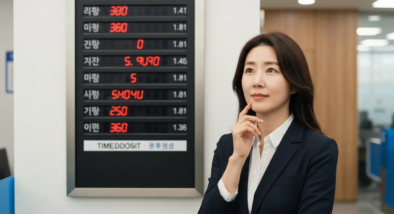 은행 정기예금 안내 앞에서 고민하는 고객