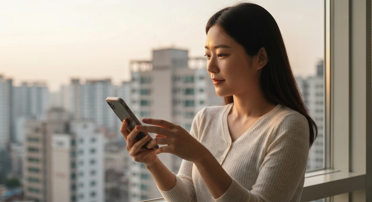 세입자 화재보험 앱을 확인하는 여성