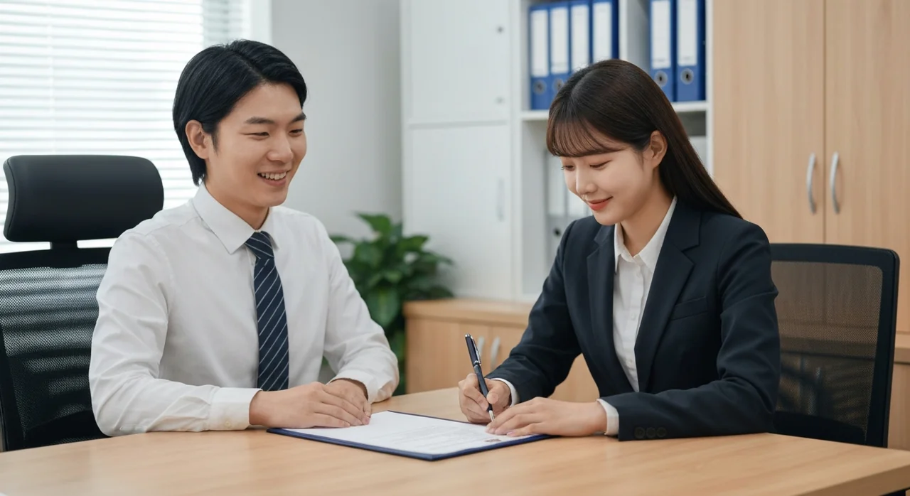 첫 출근 날 근로계약서에 서명하는 신입사원