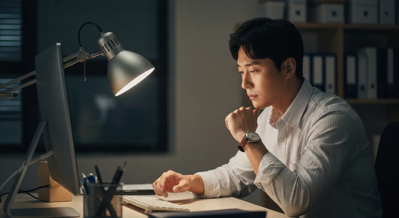 야근 중 시계를 확인하는 직장인