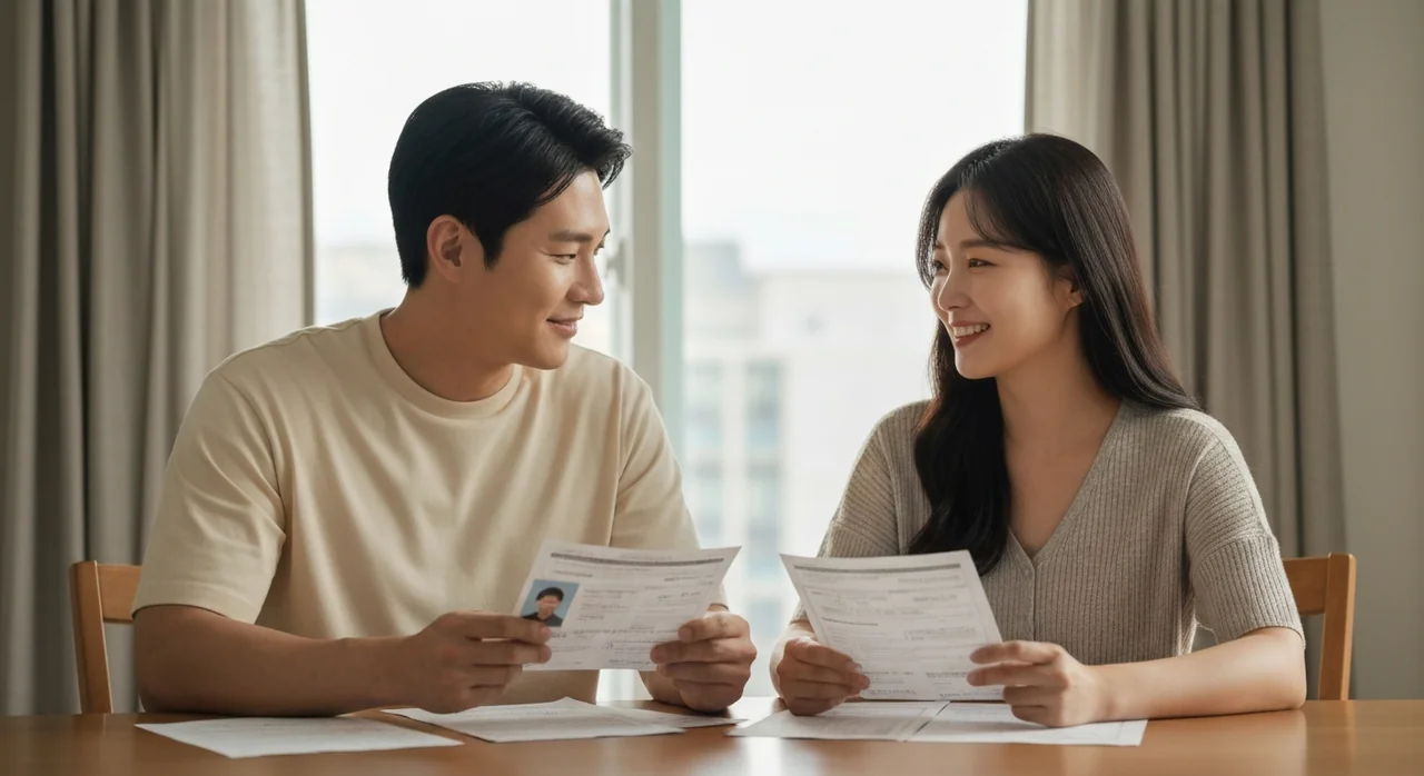 혼인신고 후 변경 서류를 확인하는 부부