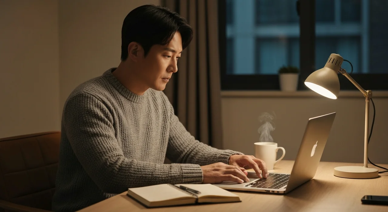 퇴근 후 집에서 부업 준비하는 30대 직장인