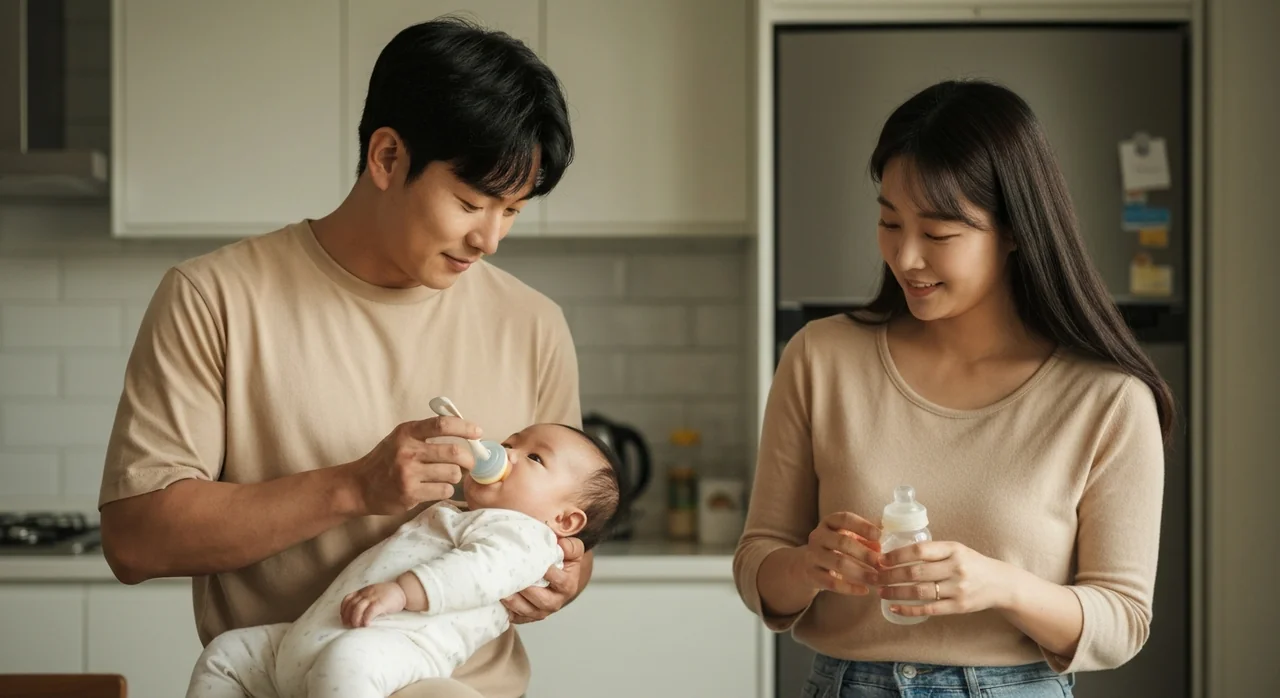 부부가 교대로 아기를 돌보는 모습