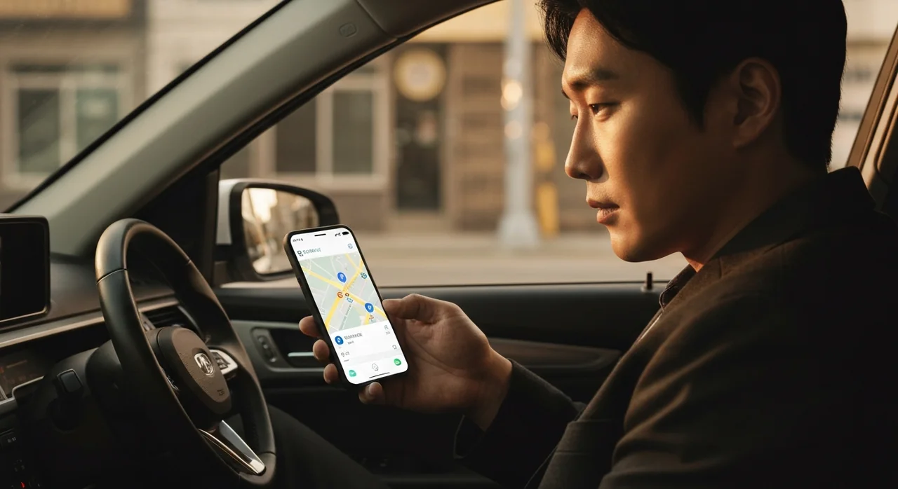 주차 앱으로 빈 자리를 찾는 운전자