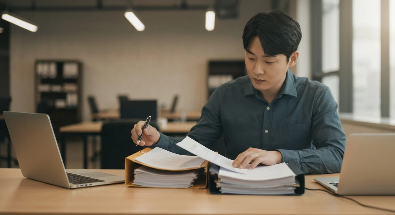 회사에서 PDF 문서를 정리하는 직장인