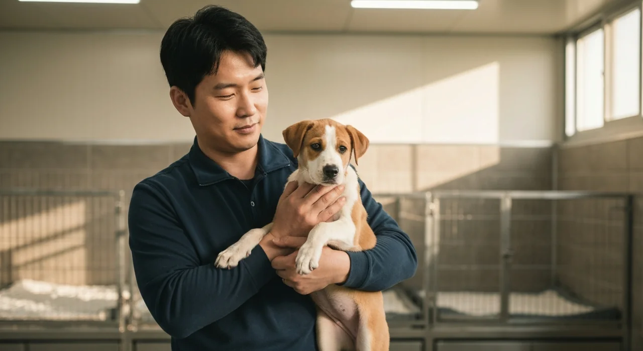 깨끗한 전문 켄넬에서 강아지를 돌보는 브리더