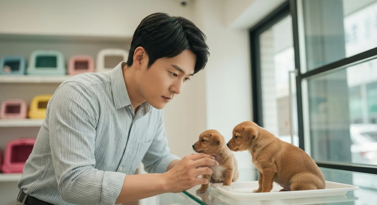 분양샵에서 신중하게 살펴보는 예비 입양자