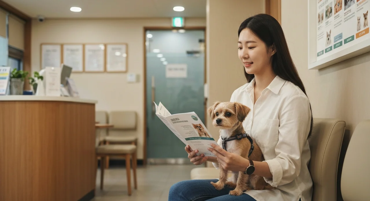 동물병원 대기실에서 펫보험 안내서를 보는 보호자