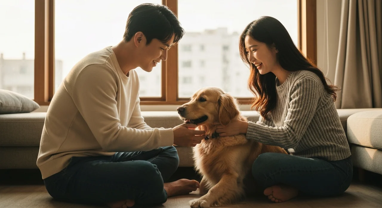 반려견과 함께하는 젊은 부부의 일상