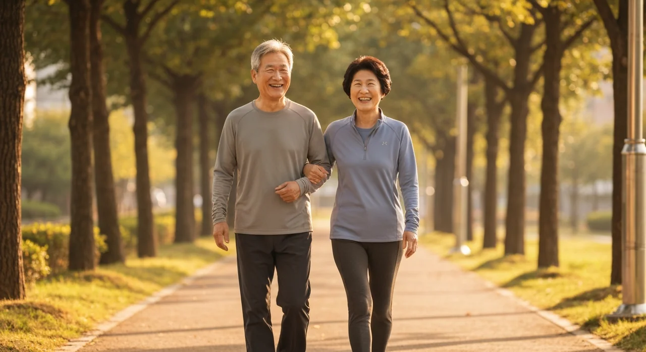 공원을 함께 걷는 60대 부부