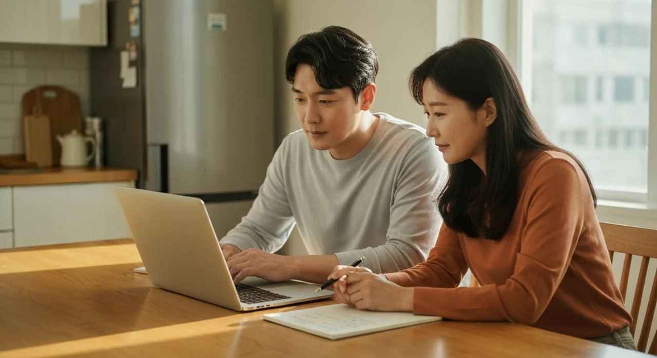 노후 계획 스프레드시트를 함께 검토하는 40대 부부