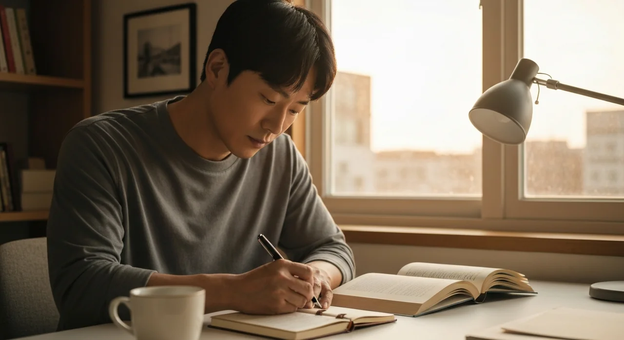 아침에 감사일기를 쓰는 모습