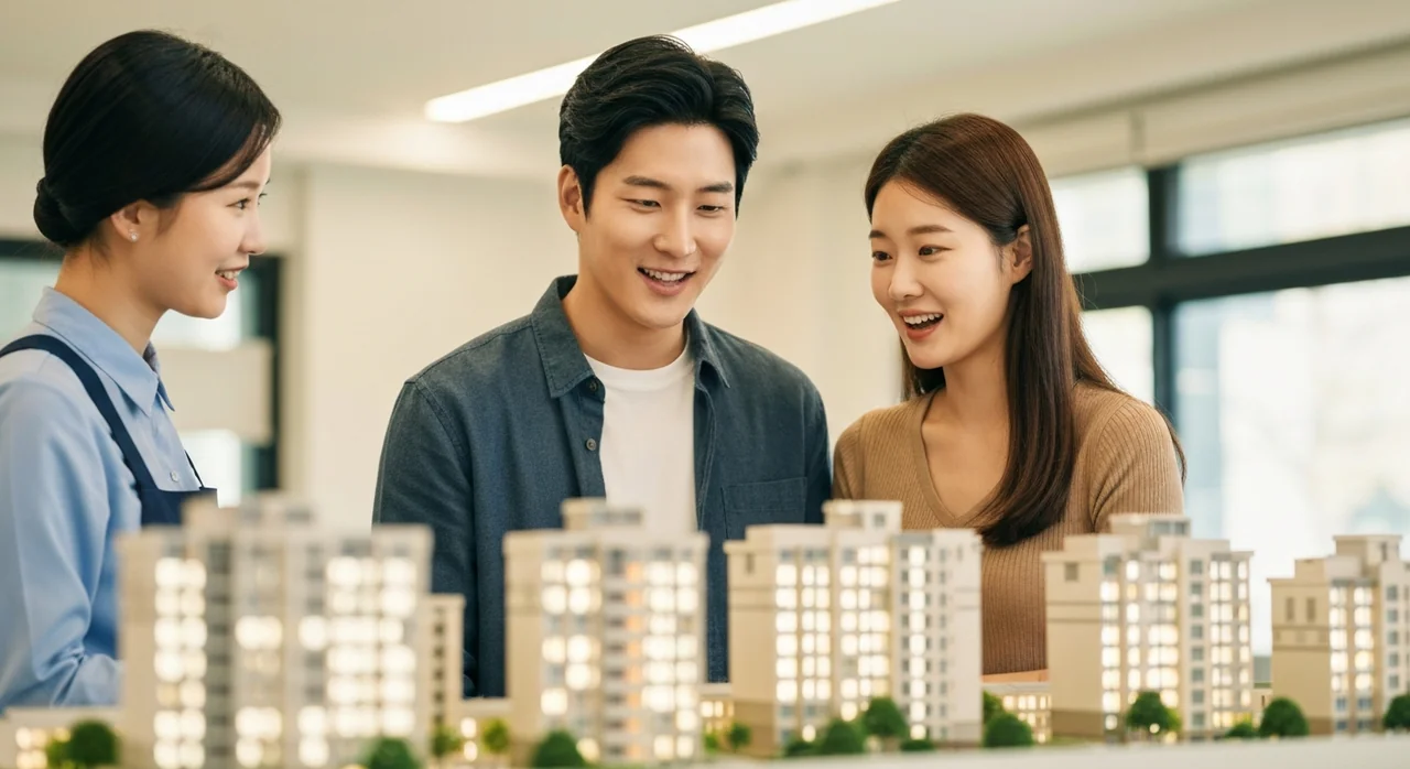 아파트 모델하우스를 견학하는 신혼부부