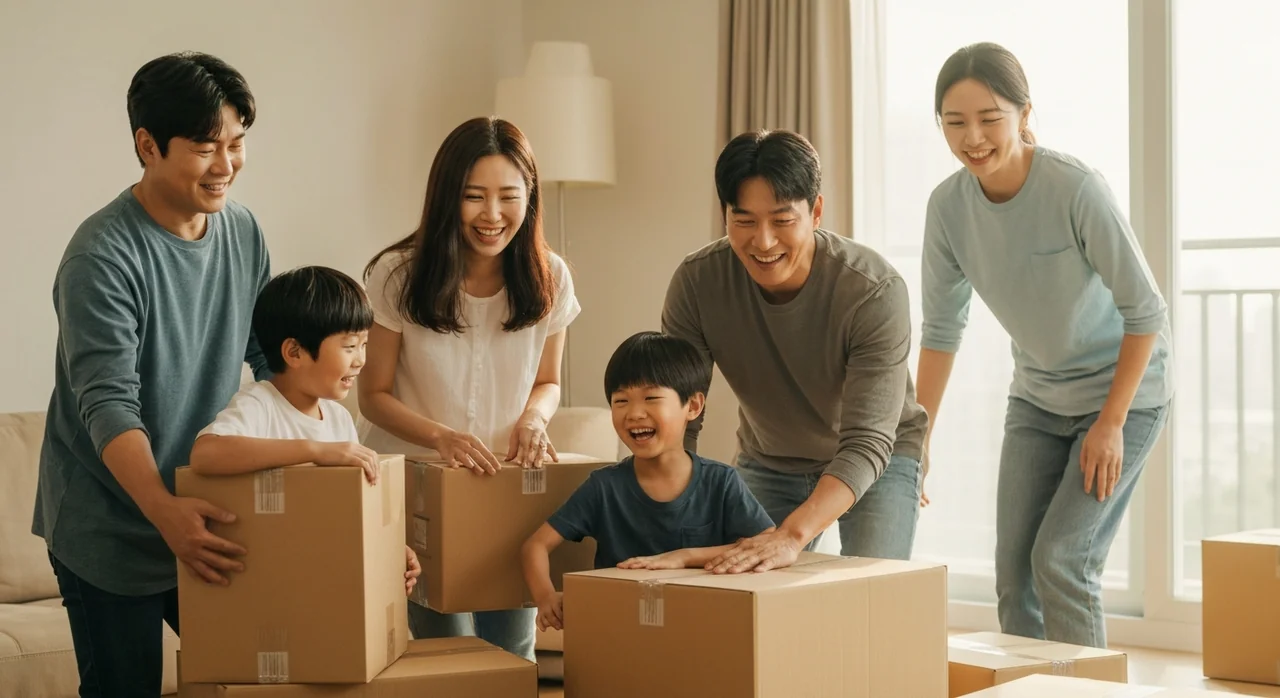 새 아파트로 이사하는 다자녀 가족