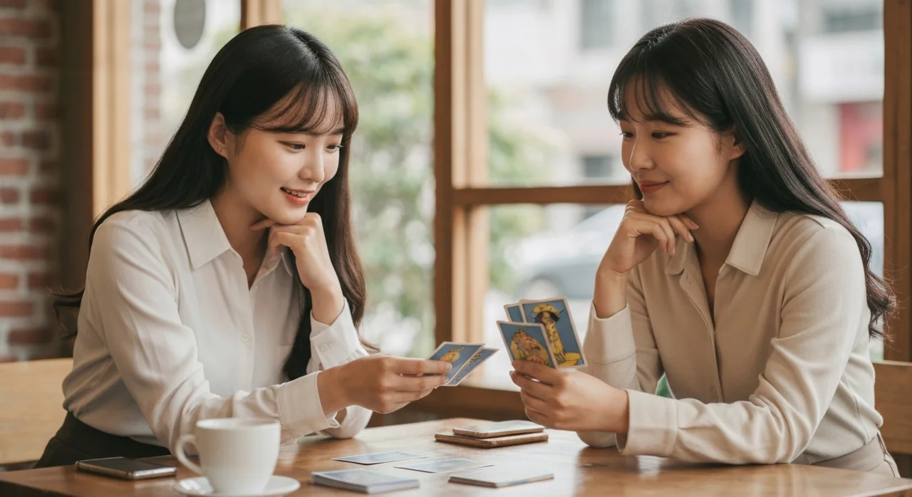 카페에서 3장 스프레드로 타로를 보는 장면