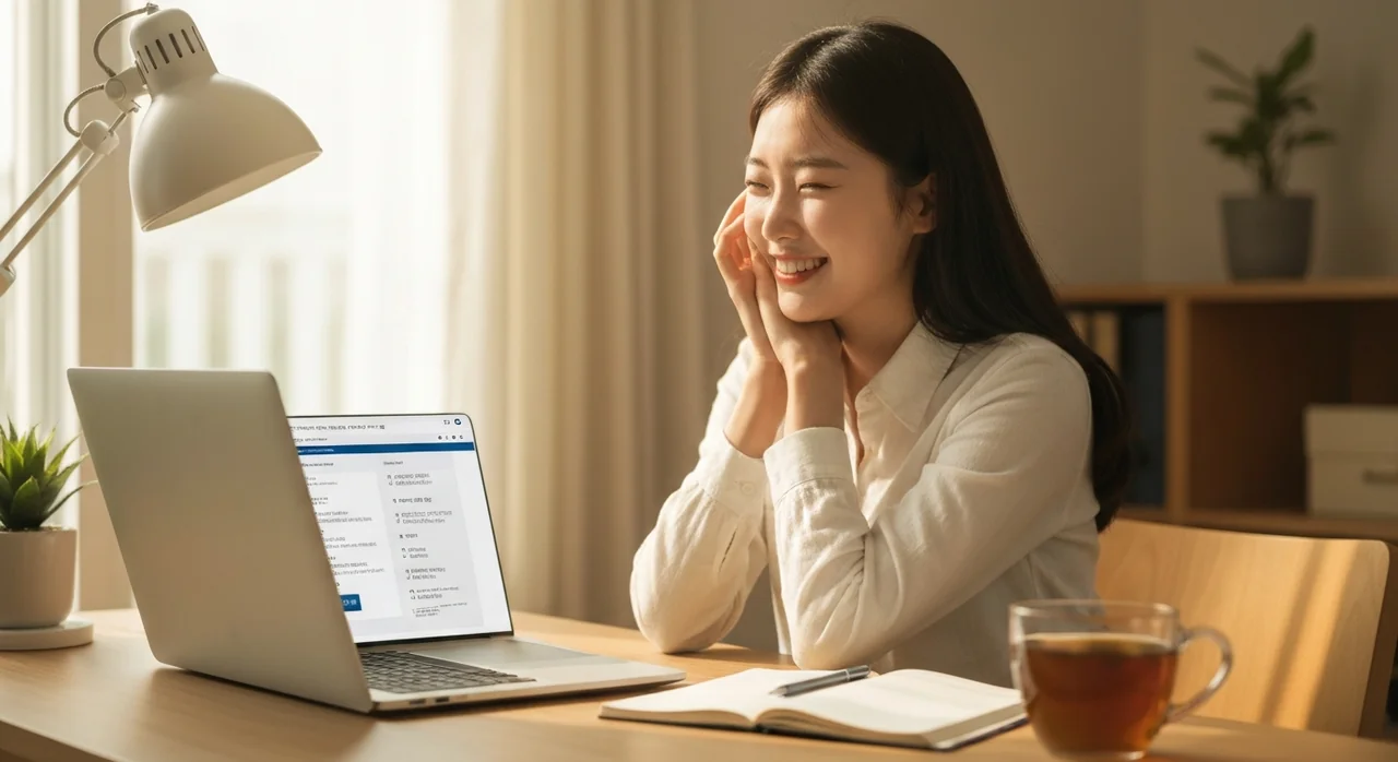 국가장학금 신청 화면을 보는 여대생