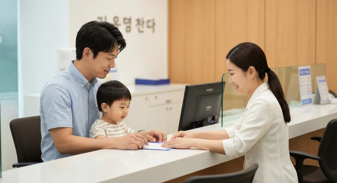 자녀 교육자금 통장을 개설하는 부모와 아이