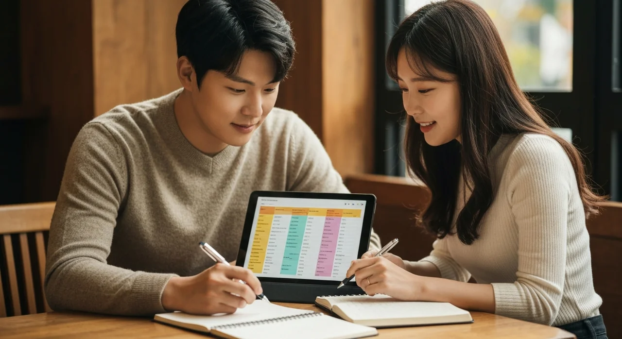 카페에서 결혼 예산을 계산하는 커플