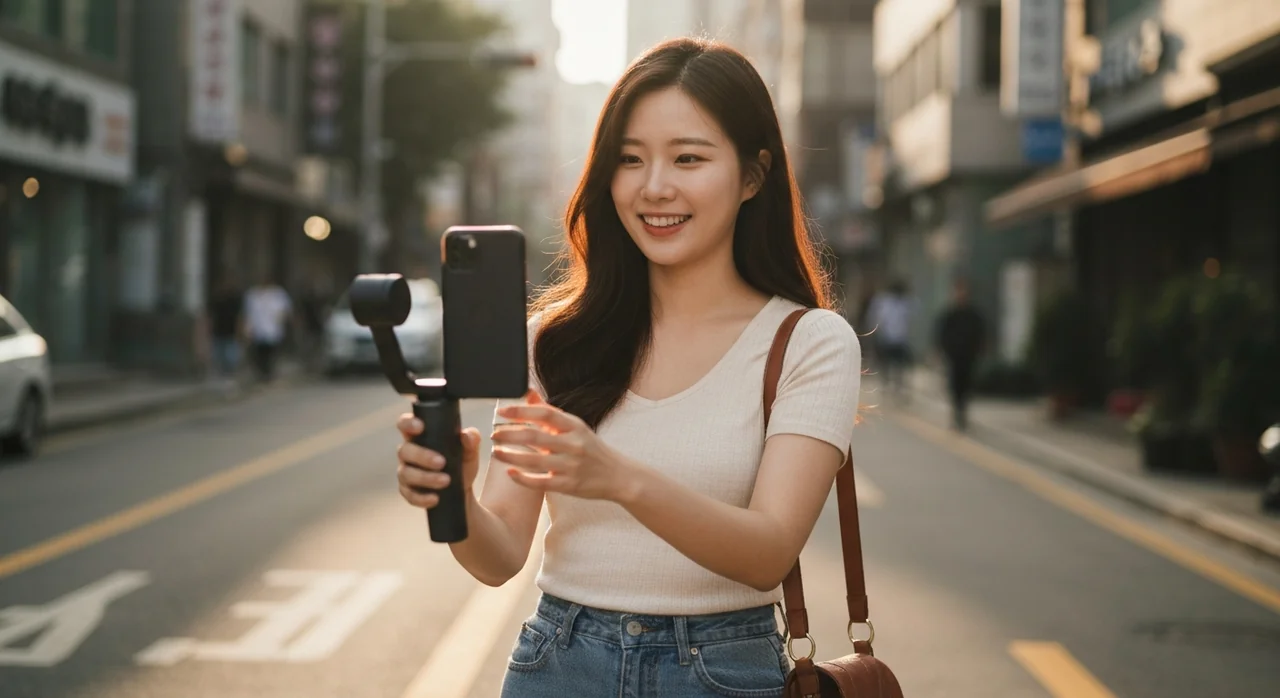 거리에서 쇼츠 영상을 촬영하는 유튜버