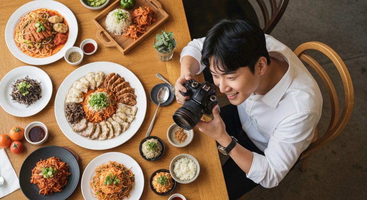 한국 남성 블로거가 카페에서 음식 사진을 촬영하는 모습