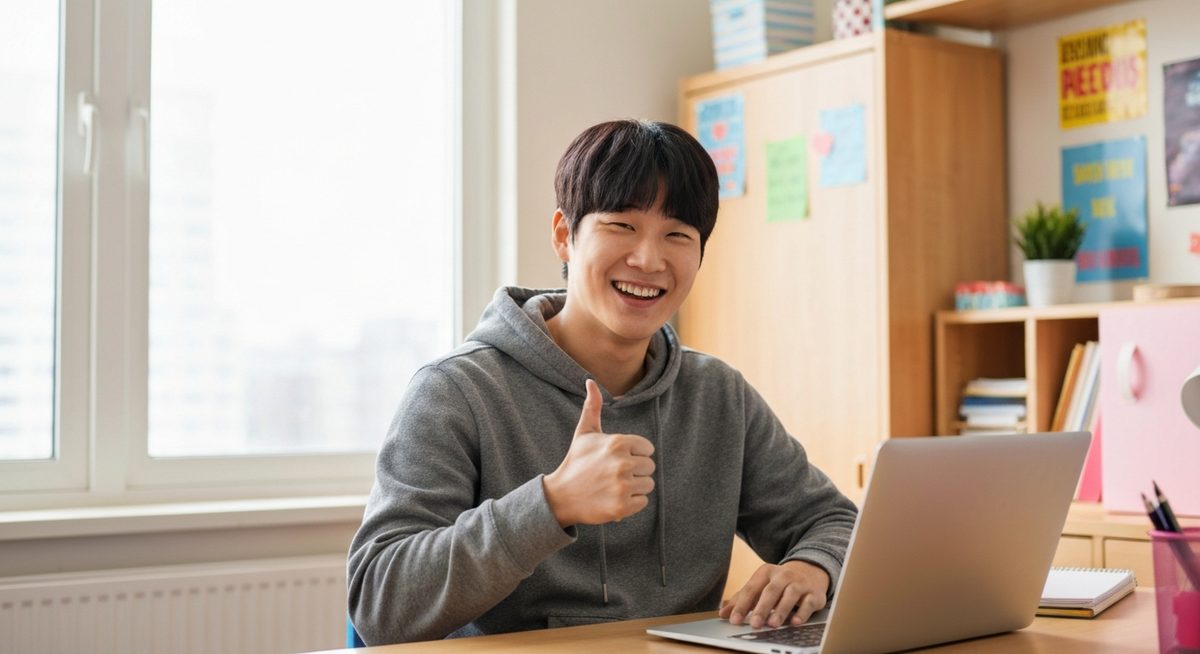 한국 대학생이 노트북 앞에서 엄지를 들며 만족스러워하는 모습