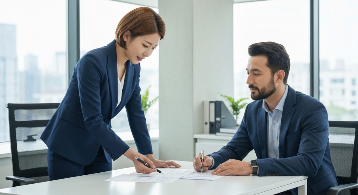 한국 여성 세무사가 사무실에서 고객에게 종합소득세 관련 서류를 설명하는 모습