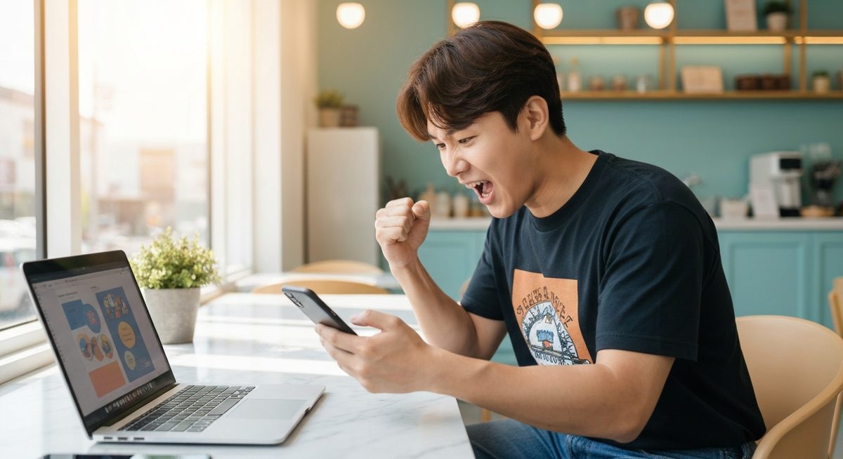 젊은 한국 프리랜서가 카페에서 스마트폰을 보며 세금 환급 소식에 기뻐하는 모습