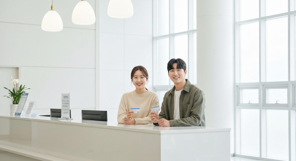 젊은 한국인 부부가 병원 접수 데스크에서 건강보험증을 제시하며 미소짓는 모습
