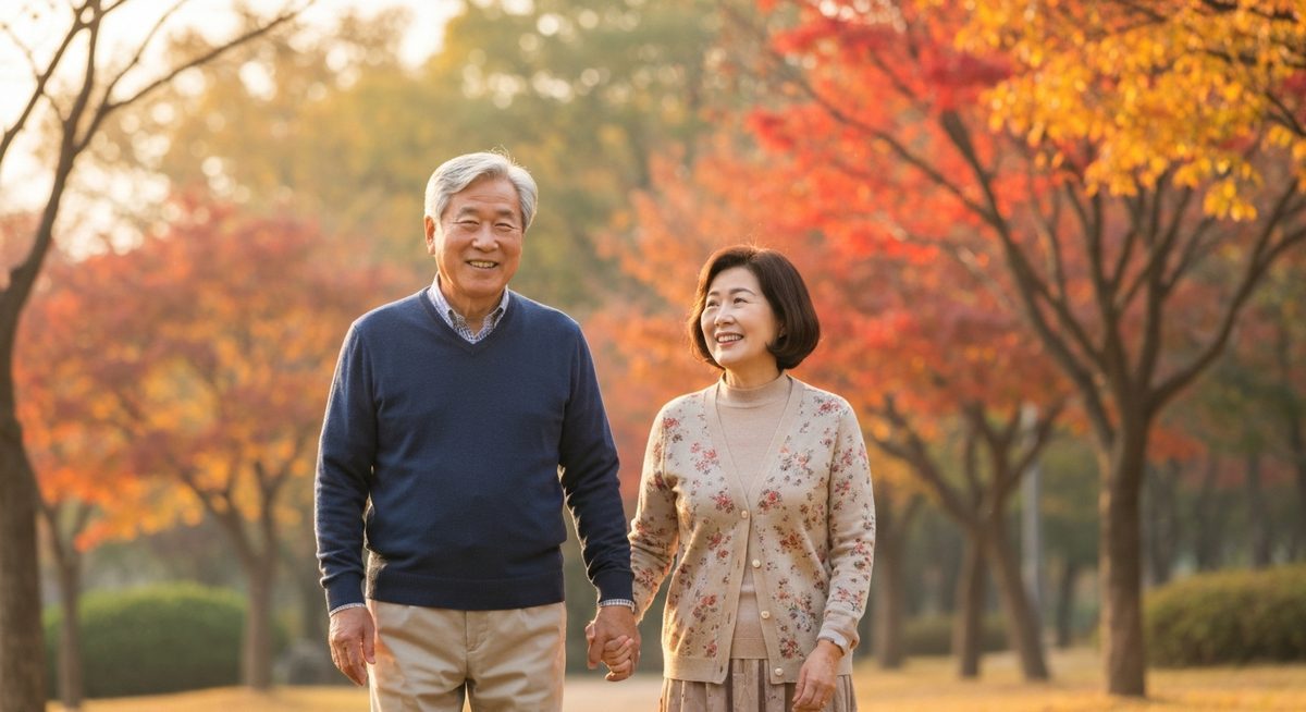 행복한 한국인 노부부가 가을 공원에서 함께 산책하며 여유로운 은퇴 생활을 즐기는 모습