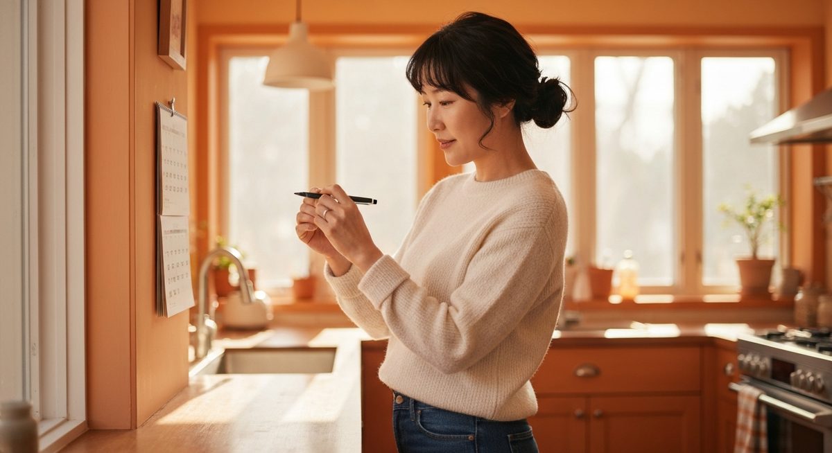 한국 여성이 밝은 부엌에서 벽걸이 달력에 날짜를 표시하며 가족 행사를 계획하는 모습