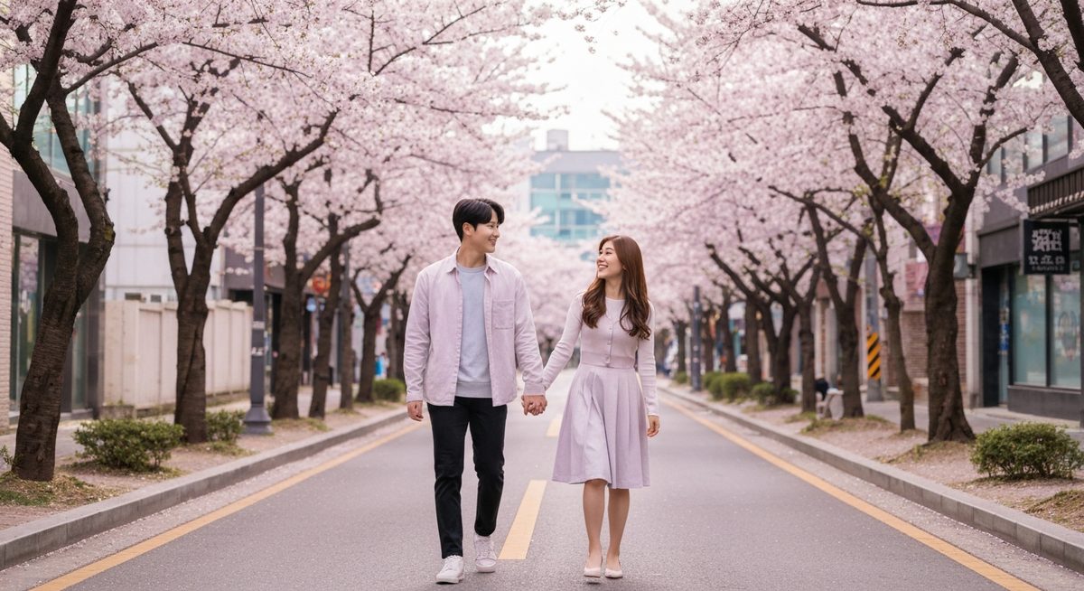 한국인 커플이 벚꽃 거리에서 손잡고 데이트하는 로맨틱한 모습