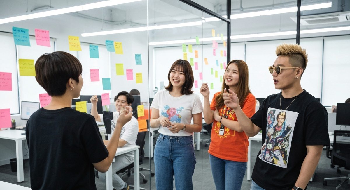 네 명의 젊은 한국인 직장인들이 스타트업 사무실에서 활기차게 브레인스토밍하는 모습