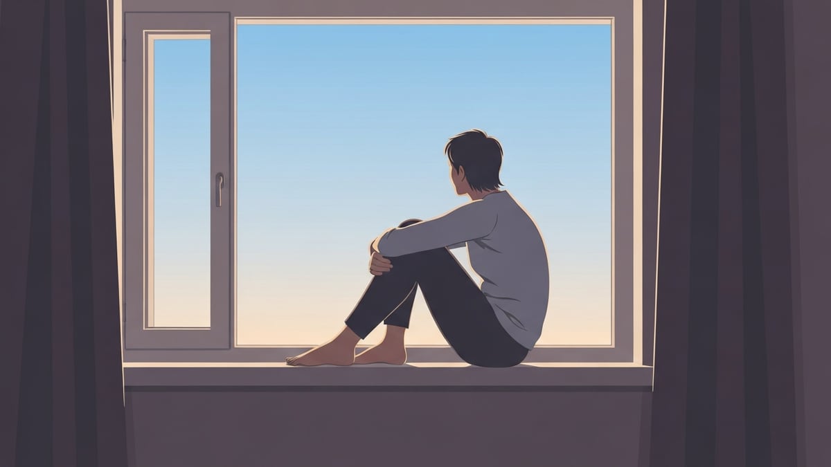 새벽빛이 드는 창가에 무릎을 안고 앉아 밖을 내다보는 사람의 뒷모습