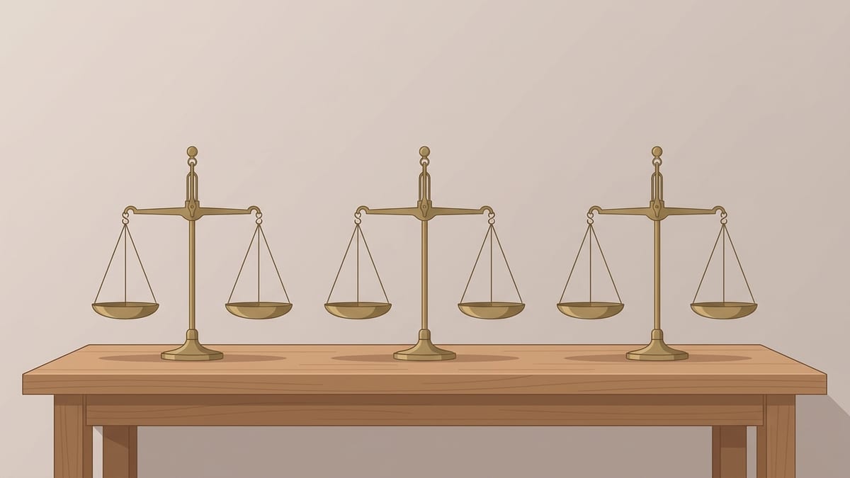 빈 접시가 수평을 이룬 작은 놋쇠 양팔 저울 세 개가 나란히 놓인 모습