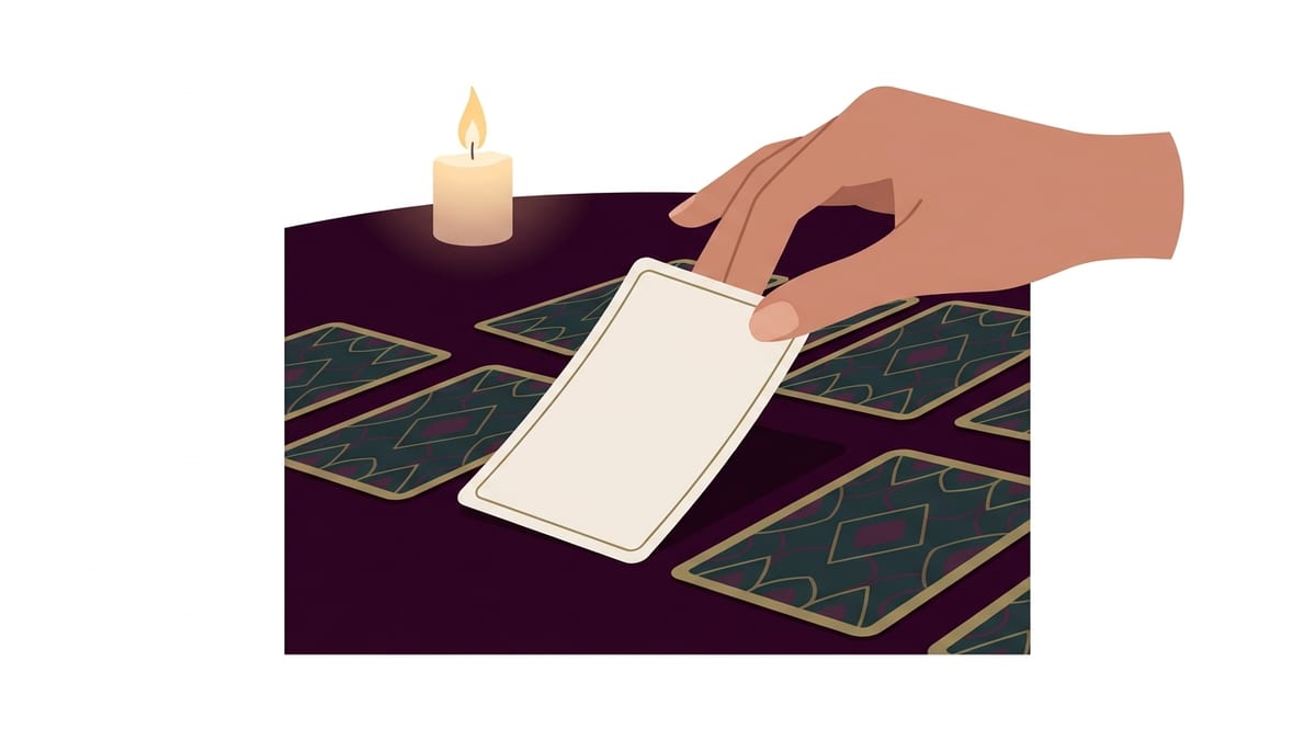 어두운 벨벳 테이블에 펼쳐 놓은 카드 중 한 장을 손으로 뒤집는 순간, 뒤집힌 카드가 거꾸로 놓인 모습