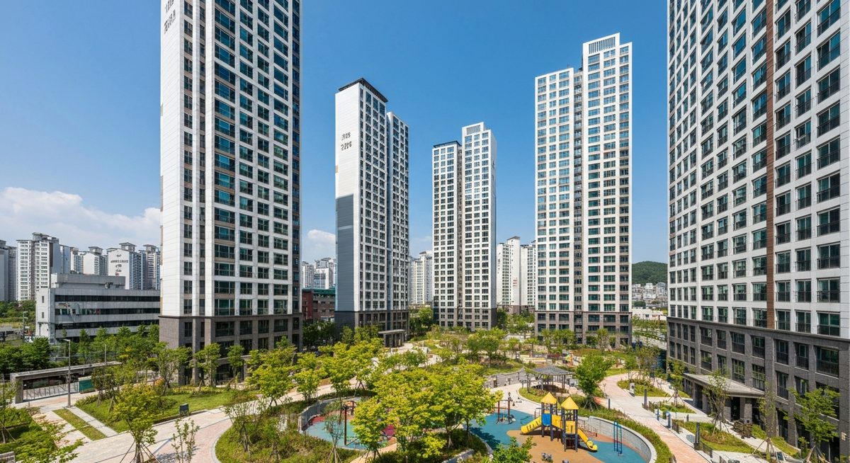한국 아파트 단지 전경, 여러 동의 고층 아파트와 조경된 중앙 정원