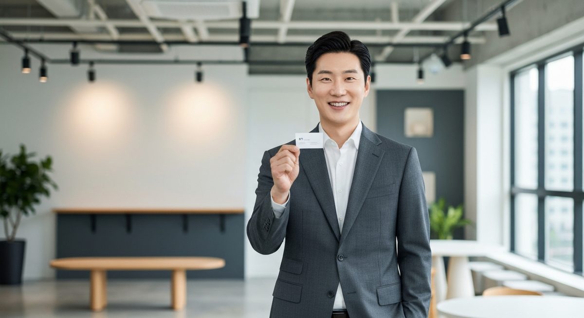 한국 남성 직장인이 코워킹 스페이스에서 명함을 들고 자신감 있게 서 있는 모습