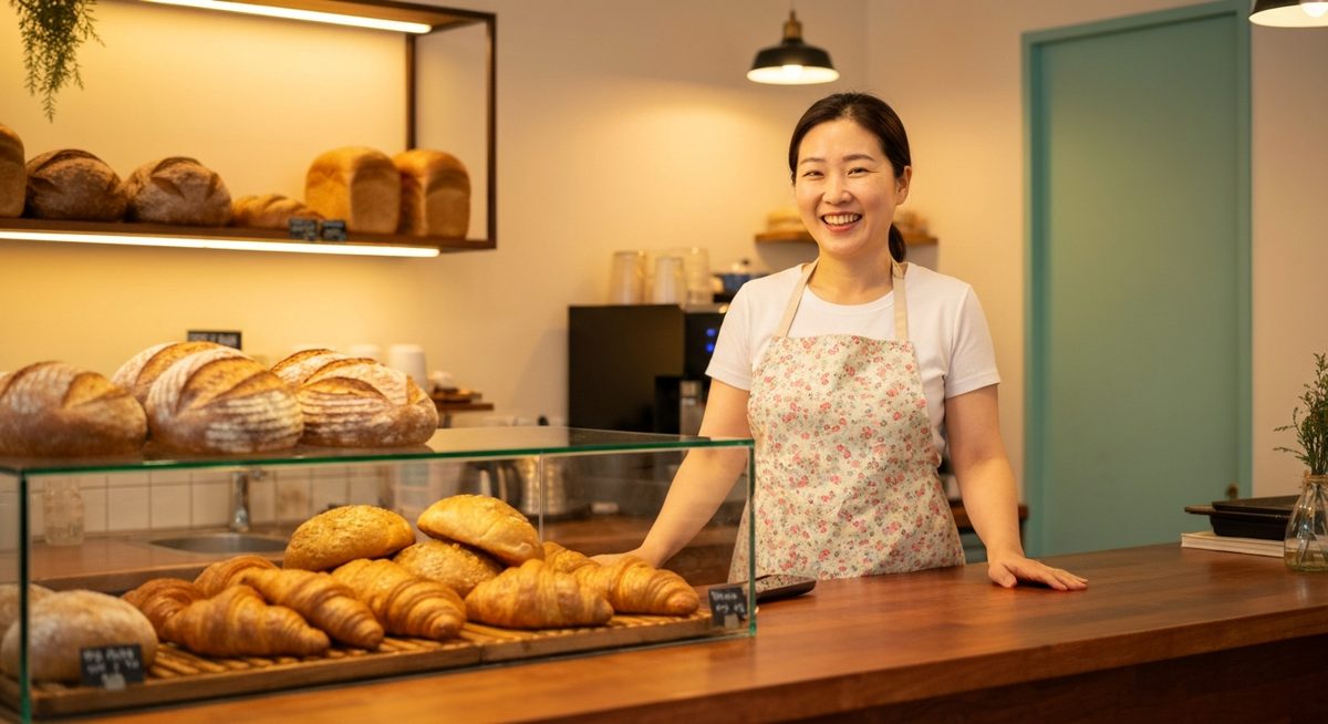 한국 여성 소상공인이 빵집 카운터에서 환하게 미소짓고 있는 모습