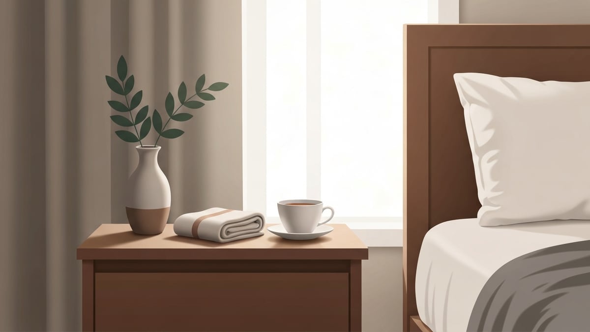 침대 옆 탁자의 작은 화병과 찻잔