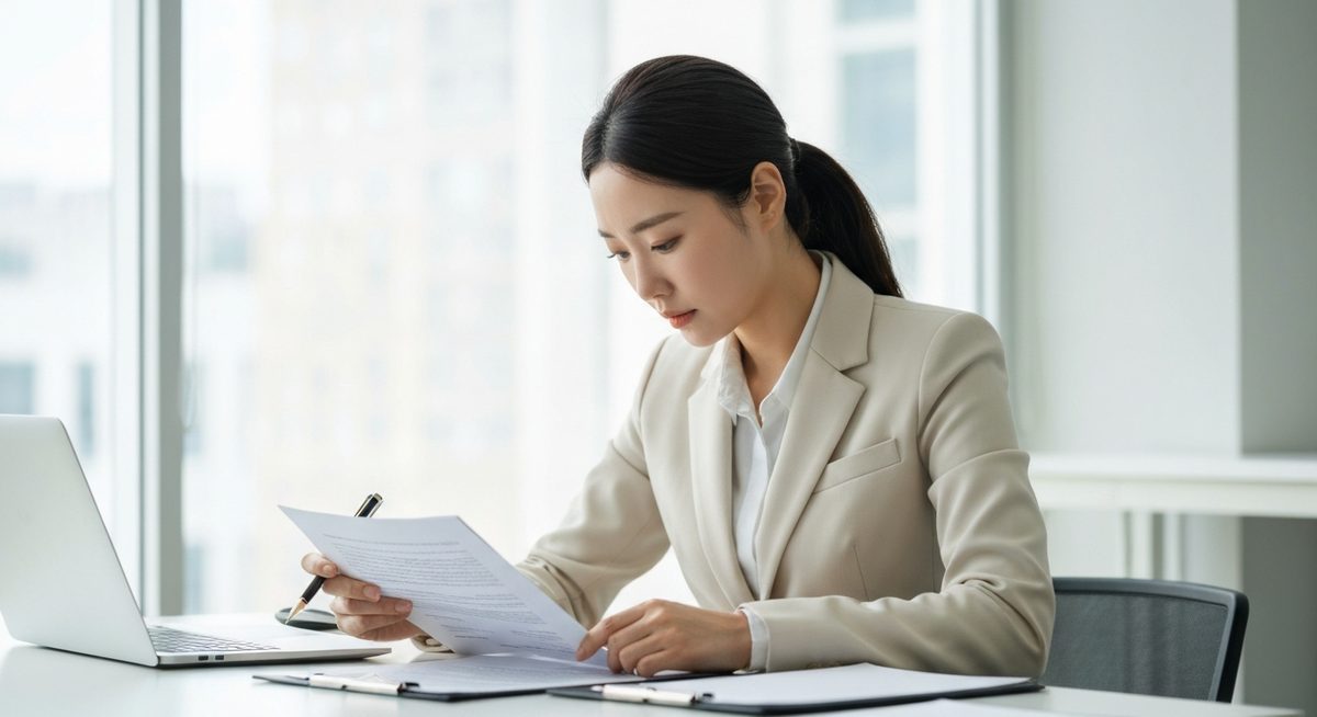 한국 여성 직장인이 사무실에서 퇴직금 관련 서류를 검토하는 모습