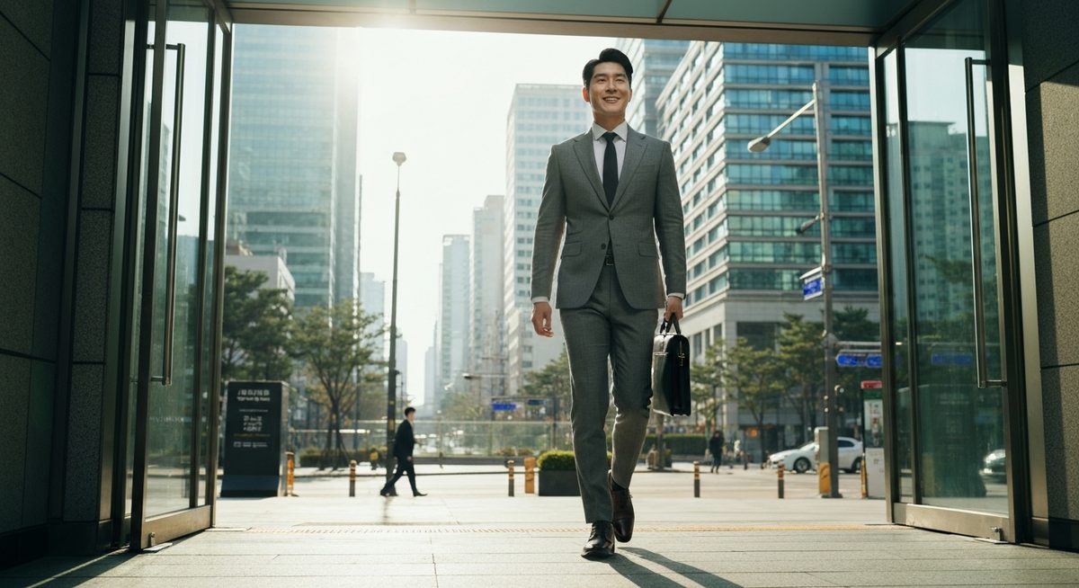 한국 남성이 자신감 있는 표정으로 사무실 건물을 나서며 새로운 시작을 준비하는 모습