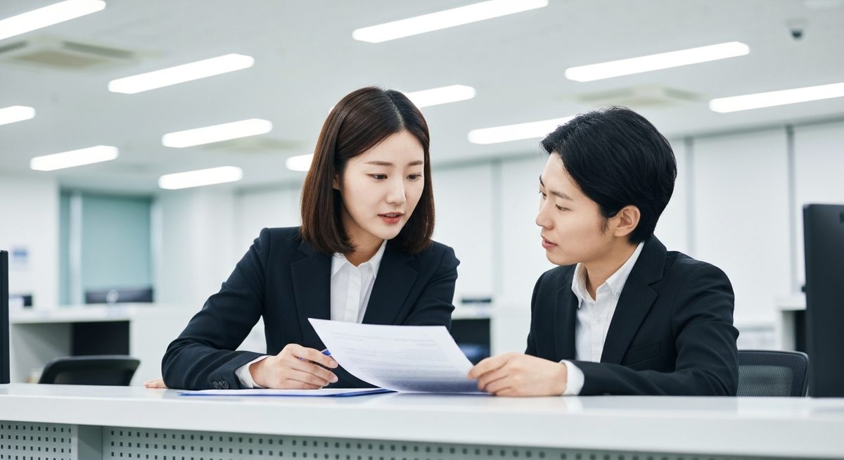 한국 여성이 고용센터에서 상담사와 함께 실업급여 관련 서류를 검토하는 모습