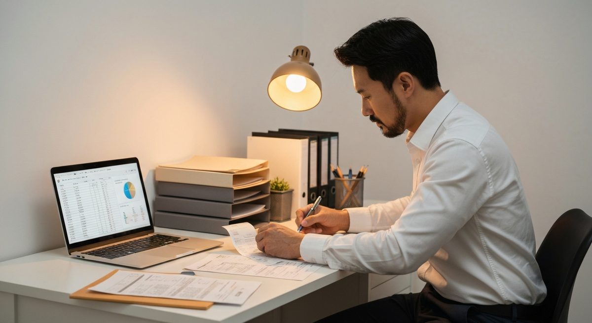 한국 남성이 집에서 영수증과 서류를 정리하며 연말정산을 준비하는 모습