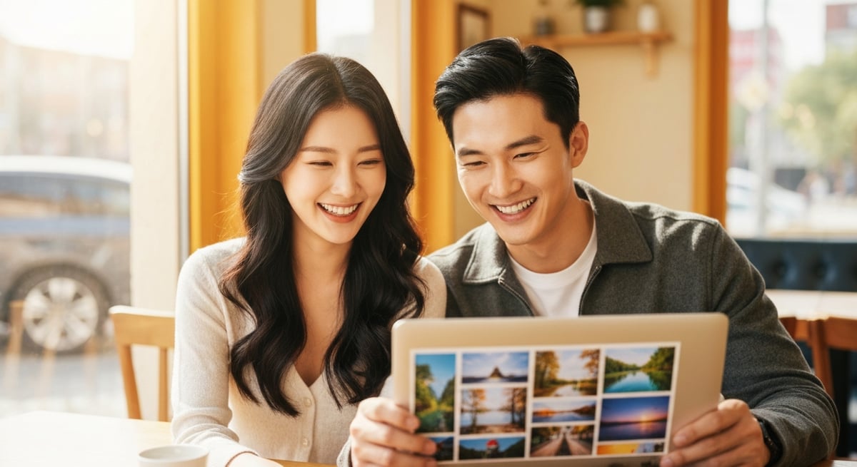 여행 사진 콜라주를 만드는 모습