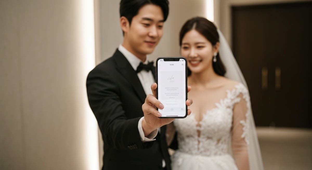모바일 청첩장을 든 한국 신랑신부 - 웹 초대장 만들기 샘플